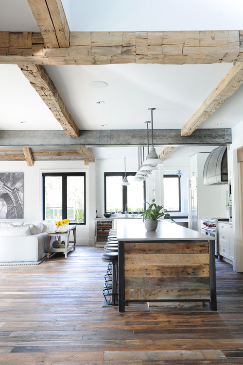 Modern Farmhouse Reclaimed Wood Ceiling Beams, Kitchen Island and Floor
