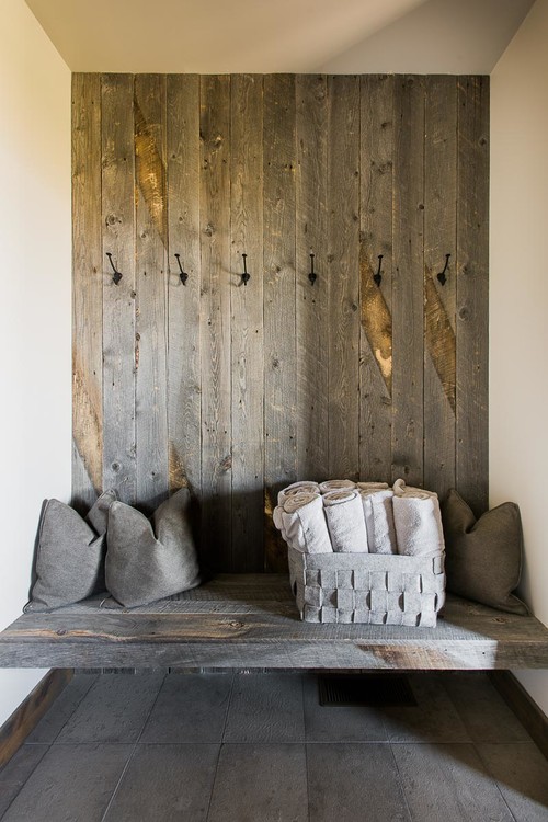 Modern Farmhouse Reclaimed Wood Entry Wall and Bench