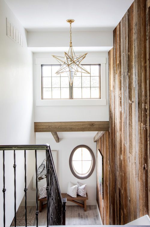 Modern Farmhouse Reclaimed Wood Stairway Wall and Ceiling Beams