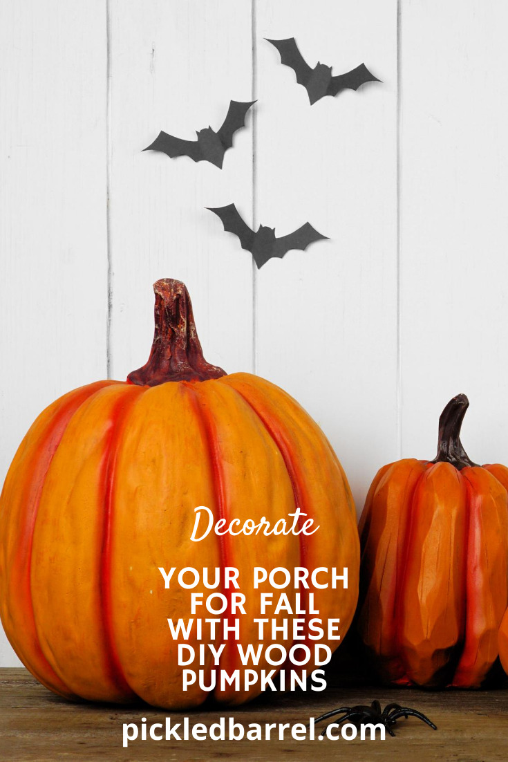 Looking for some easy DIY Fall decor? These DIY wood pumpkins are simple and so cute and look amazing on your front porch. Tell learn more about these fall decor ideas, read the post an subscribe to pickledbarrel.com for more rustic DIY and farmhouse ideas. #falldecor #porchdecoratingideas #pickeledbarrelblog