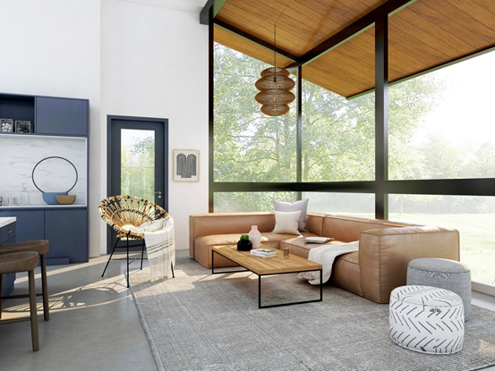 A well-lit living room with large windows